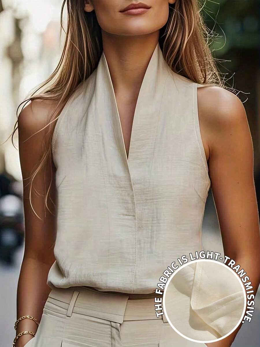 Spring/Summer Women's Fashionable And Elegant Casual Resort Urban Modern Beige Stand-Up Collar Sleeveless Top, Office Top, Summer Women's Top, Women's Casual Tank Top, Women's Formal Top, Women's Business Attire