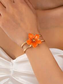 1pc Fashionable Elegant Artificial Drip Oil White, Orange, Pink & Green 5-Petal Flower Open Bangle Bracelet, Suitable For Daily And Holiday Wear, Great Gift Choice (Gift Box Not Included) - Orange - View 1