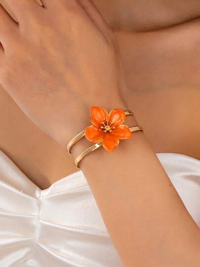 1pc Fashionable Elegant Artificial Drip Oil White, Orange, Pink & Green 5-Petal Flower Open Bangle Bracelet, Suitable For Daily And Holiday Wear, Great Gift Choice (Gift Box Not Included)