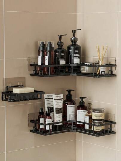 Giá đựng đồ dùng nhà tắm góc dán tường, hình chữ L, bộ 2 chiếc bằng thép không gỉ, không cần khoan, màu đen mờ, có móc, chống gỉ, tiết kiệm không gian, dễ lắp đặt, thiết kế thoát nước, chắc chắn, lý tưởng để đựng đồ dùng vệ sinh cá nhân, dầu gội, xà phòng trong phòng tắm và nhà bếp, dùng cho nhà tắm và nhà vệ sinh gia đình.