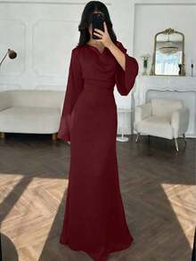 Women's Elegant Solid Navy Blue Silky Satin Cowl Neck Long Sleeve Flared Batwing Sleeve Cinched Waist Bodycon Fitted Maxi Dress, Old Money Aesthetic French Vintage Formal Evening Gown For Wedding Guest Date Night Prom Cocktail Party Office Commute Streetwear Photography Plus Size - 酒紅色 - 查看 3