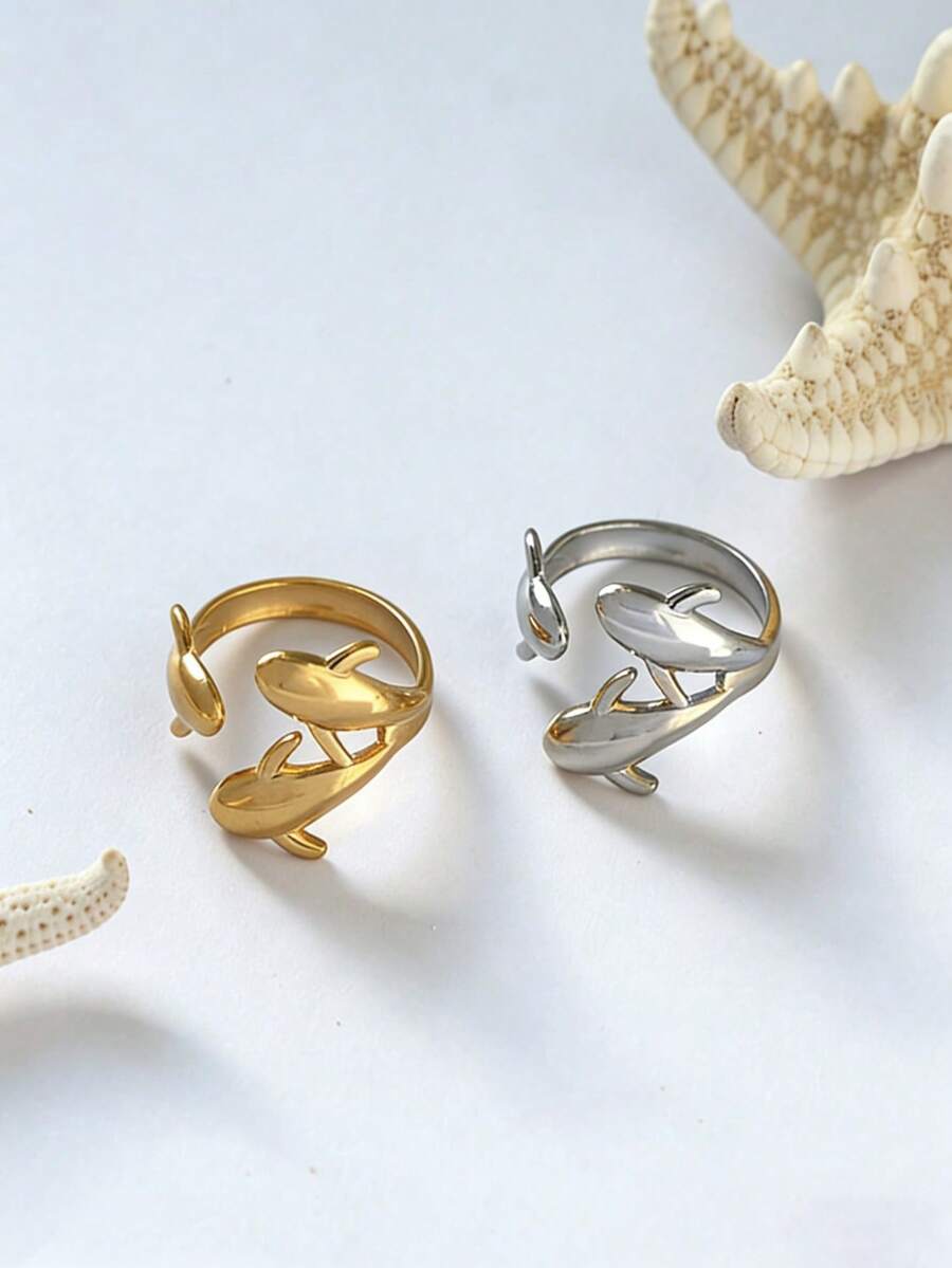 Uself 2pcs/1pc 18K Gold Plated 304 Stainless Steel Dual-Tone Polished Dolphin Ring Set, Fashion Ocean Style Stackable Rings, Gift For Women Beach Party