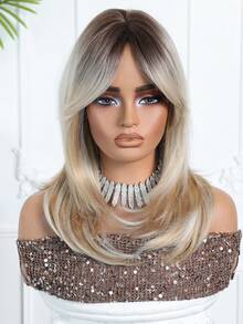 16 Inches Clavicle Length Naturally Layered Wig Ombre Brown And Blonde Wigs With Bangs A Unique And Geometric Statement Edgy And Textured Modern Retro Suitable For Daily Party Festival And Cosplay Wear Wigs For Women Hairstyle - 漸變金色 - 查看 4