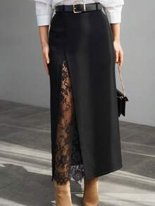 Women's Lace Patchwork Elegant Slit Design Skirt, Suitable For Office Casual Commute, All-Season Wear (Belt Only For Display) - Black - View 2