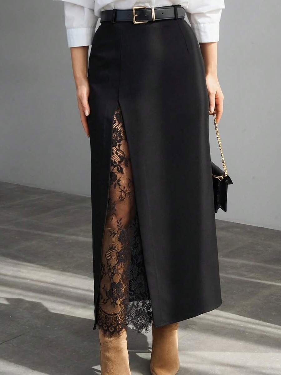 Women's Lace Patchwork Elegant Slit Design Skirt, Suitable For Office Casual Commute, All-Season Wear (Belt Only For Display)
