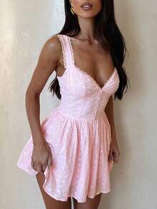 Women's Summer Mini Dress Stylish Solid Lace Trim Flower Embroidered Hollow Details Sleeveless V Neck A Line Dress Casual Boho Vacation Beach Date Party Outfit - 粉色 - 查看 2