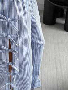 Scacto Women's Blue And White Striped Wide-Leg Pants With Side Tie And Bow, Versatile Trousers For Women. - 藍色 - 查看 5