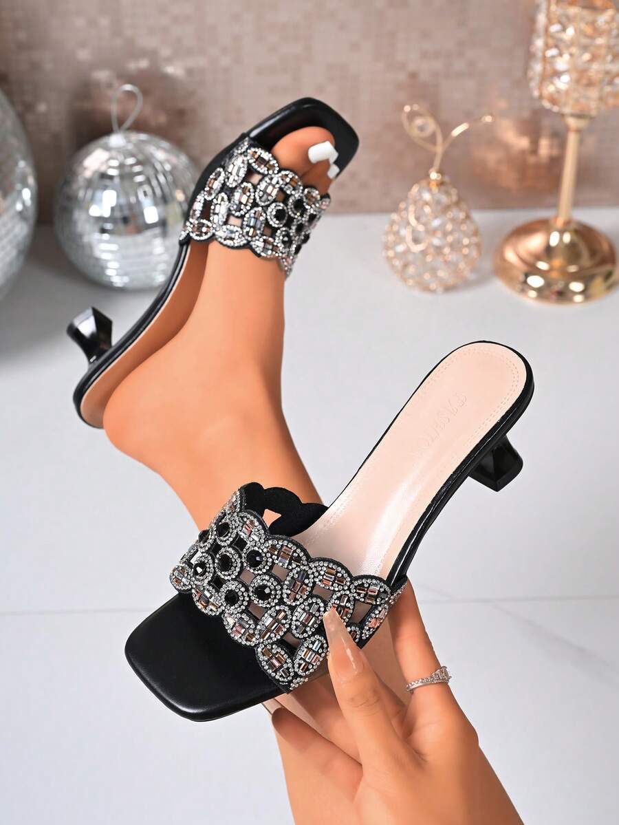 Fashionable High Heel Slides Summer New Square Toe Rhinestone Sexy Kitten Heel. Suitable For Party, Wedding, Vacation, Gathering, Date, Outdoor Wear, Open Toe, Elegant, Holiday, Versatile