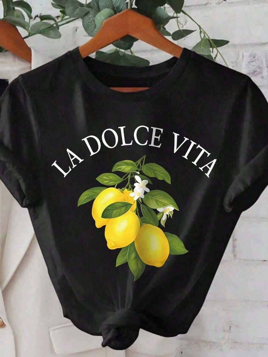 Camiseta de manga corta cuello redondo estampado de letras y frutas, estilo casual para mujer, verano - Negro - Ver 1