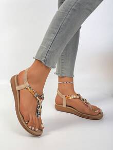 Women's Bohemian Style Floral Pattern Rhinestone Decor T-Strap Flat Sandals, Elastic Back Summer Beach Shoes - Beige - View 4