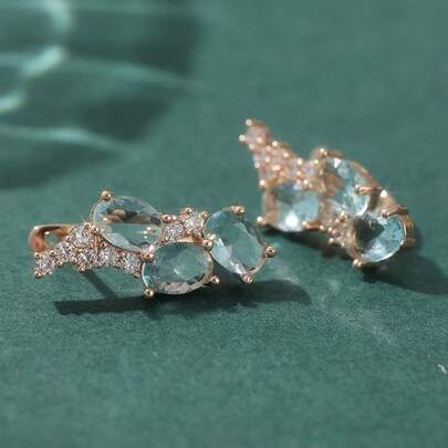 一对优雅的玫瑰金椭圆形切割合成海蓝宝石+透明立方氧化锆吊坠耳环，女士奢华珠宝，适合婚礼、派对和日常佩戴