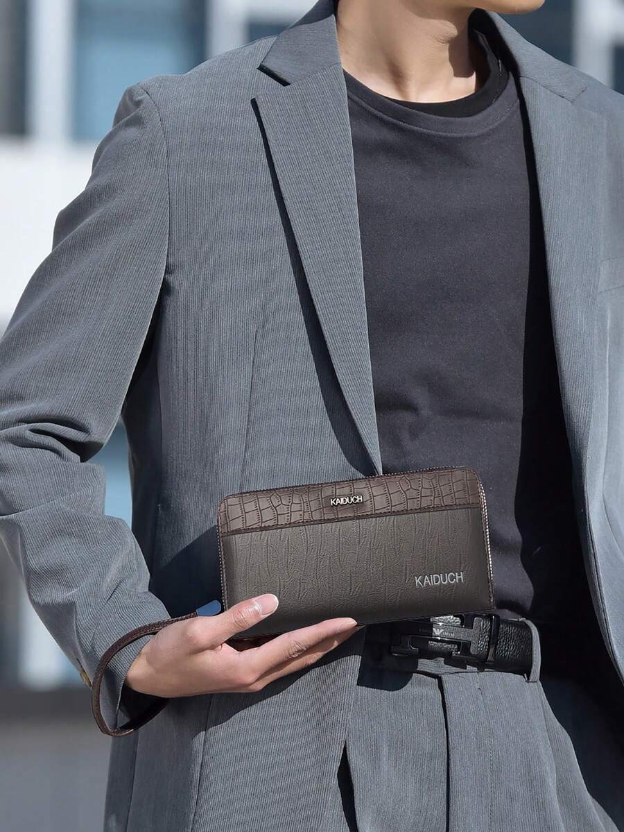 19.5cm Multi-Function Men's Card Holder | KAIDUCH PU Leather With Zipper Security Design, Smartphone Size, Holds Essentials, Lightweight & Compact - Brown - View 1