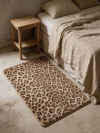 1PC Leopard Print Flocked Floor Mat, Bedroom Bedside Pad, Non-Slip Foot Mat, Bathroom Water Absorbing Mat, Living Room Entrance Mat, Suitable For Bedroom, Bathroom, And Living Room Decor,