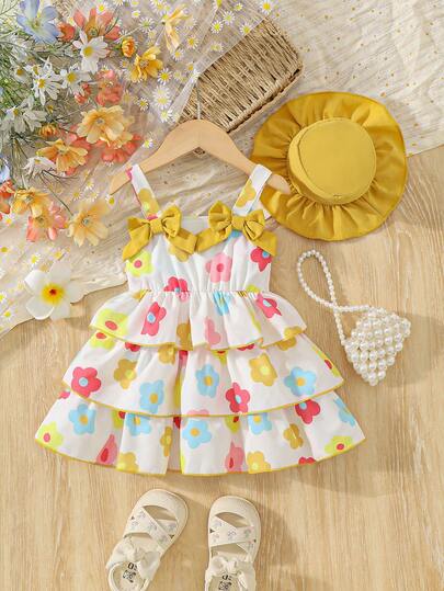 Baby GirlColorful Floral Cake Skirt Dress With Bow Design, Lightweight Summer Festive Vacation Outfit