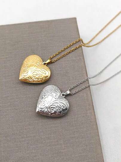 1 chiếc dây chuyền mặt dây chuyền bằng thép không gỉ mạ vàng 18K, khắc hình trái tim và hoa, dùng để lưu trữ ảnh tự làm, quà tặng ngày lễ và ngày Valentine.