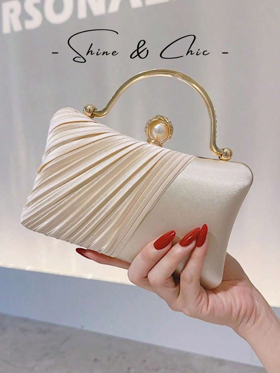 香槟色缎面新娘手拿包，珍珠金属手柄晚宴包，适合婚礼 - 香檳色 - 查看 1