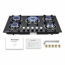 "Parrilla de Gas Empotrable XIUDEEN XD5001G – 5 Quemadores GN/GLP, Cristal Templado Negro" - Ver 1