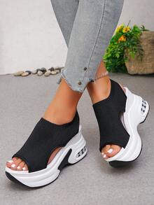 Women's Solid Color Open Toe Open Back Round Toe High Heel Thick Sole Fabric Wedge Sandals Casual Sports Summer - Black - View 2