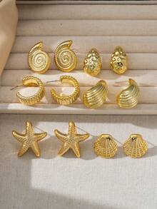 2-12 pièces Boucles d'oreilles dorées assorties à la mode, comprenant des coquillages, des conques, des étoiles de mer, des gouttes texturées et des clous en forme de C, convenant pour le port quotidien des femmes, les voyages à la plage et les vacances - Doré - Voir 3