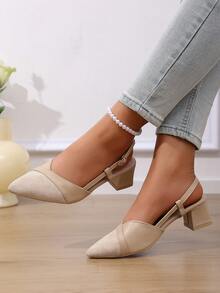 1 Pair Teenager High Heel Sandals, Buckle Closure, Pointed Toe, Beige Patchwork, Versatile & Dirt-Resistant, Suitable For Party, Gathering, Shopping - Beige - View 3
