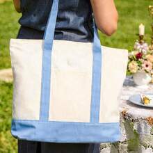1/4/8pcs 17.7x12.6x5.9inch Large Capacity Natural Color Contrast Color Canvas Multi-Piece Set, Wedding Bachelorette Party SPA Gift Tote Bag, Travel Storage Bag, Shopping Bag, Mommy Bag, Beach Bag, Essential For Wedding Theme Party - Beige Color Blocking - L - View 10