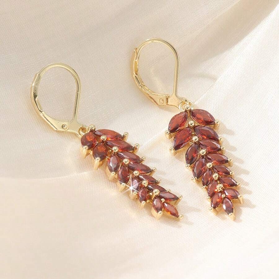 Bông tai hình lá bằng đá Zirconia tổng hợp màu đỏ bóng sang trọng, kiểu dáng cổ điển, sáng bóng, trang sức dành cho nữ. - Vàng - Xem 1