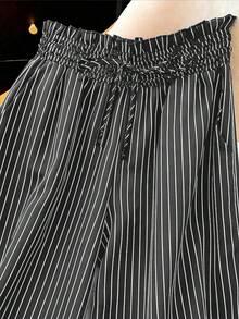 Pantalones a rayas de tiro alto con cordón y botones delanteros, elegantes y casuales, adecuados para primavera, verano y otoño - Gris Oscuro - Ver 4