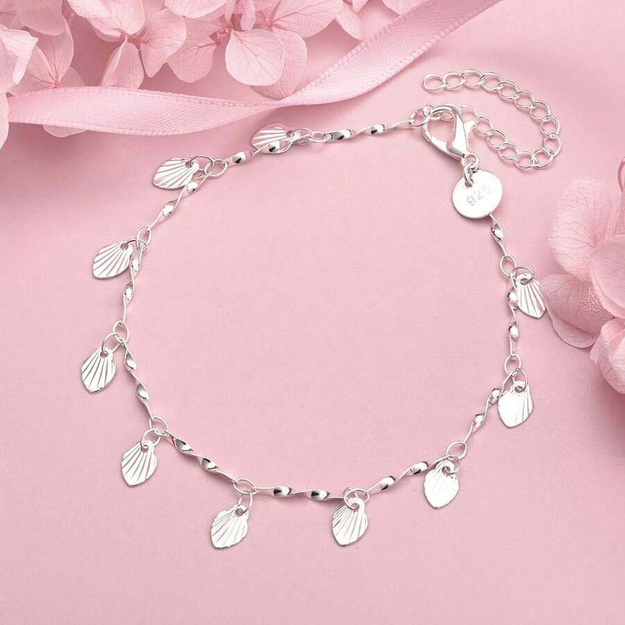 1条925纯银镀层8英寸精致树叶手链，女士时尚婚礼派对饰品 - 銀色 - 查看 1
