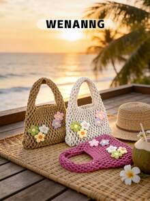 1 Túi xách mini đan móc trang trí hoa, túi lưới đi biển, túi mùa hè nhẹ nhàng phong cách Boho, túi móc len, dành cho nữ/bé gái/học sinh/thanh thiếu niên, thích hợp cho kỳ nghỉ hè, du lịch biển, mua sắm và trang phục hàng ngày. - Nhiều màu - Xem 2