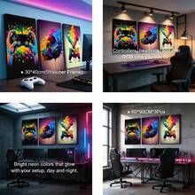 三件套游戏主题墙画 - RGB 游戏手柄和耳机帆布画，可选画框，现代游戏风格，适用于卧室、游戏室、宿舍 | 送给游戏玩家男孩、男士、青少年的完美礼物 - 家居装饰、生日礼物 - 彩色 - 查看 6