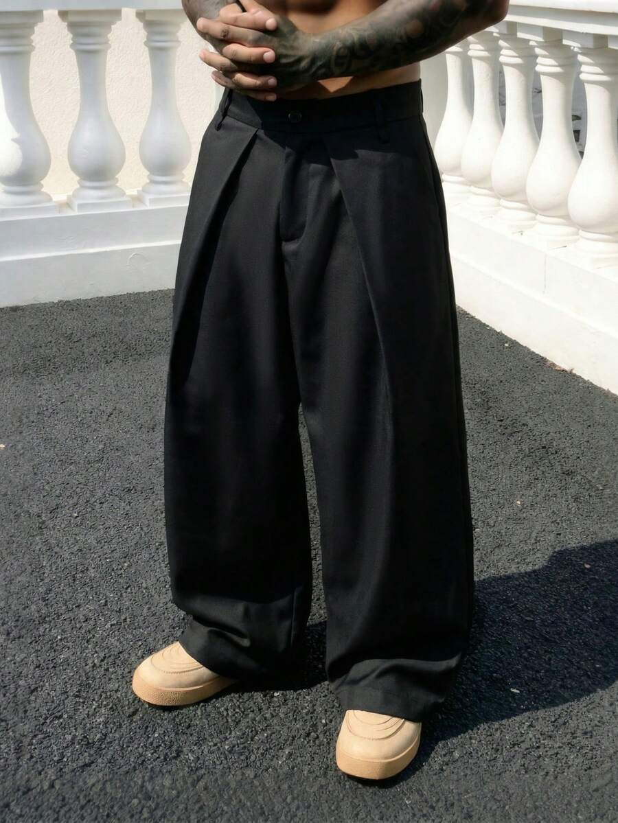 Men's Solid Color Fold Pleated Business Casual Pants - Black - View 1