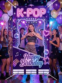 1 Pack K-POP Neon Glow Happy Birthday Photo Backdrop, Cyberpunk Style Polyester Fabric Photo Booth Banner With Ticket Frame Star Music Note Print, Reusable Washable Photography Background For K-POP Themed Birthday Party, Concert Viewing Party, Teen Birthday Celebration, Spring Summer Photo Shoot & Event Decor - Happy Birthday K-pop - View 7