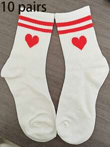 1 par de calcetines deportivos de media pantorrilla para mujer con diseño de corazón y rayas, adecuados para el Día de San Valentín y el otoño - Rojo y blanco - Ver 7