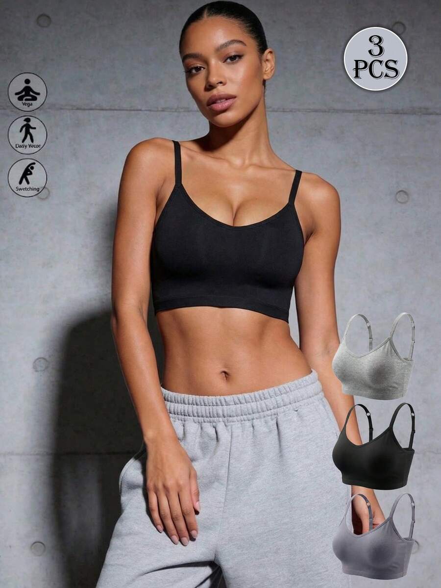 Runway Rest 3pcs/Set Women's Solid Color Adjustable Strap Comfortable Wireless Padded Camisole Bra Tops, Suitable For Sports, Sleep - Multicolor - View 1
