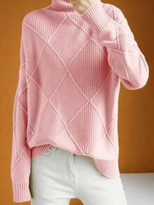 Women's Casual Plus Size High Neck Pullover Sweater, Autumn/Winter - Pink - View 5