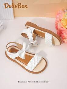 1 Pair Girls' Woven Bow Breathable PU Ankle Strap Open Toe Flat Sandals, Fresh & Cute For Daily Wear And School - White - View 3