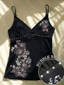 芙蓉花印花夏季上衣，女士休闲衬衫，女士沙滩装 - 黑色 - 查看 1