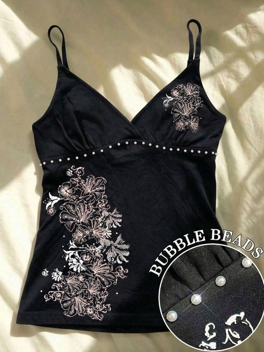 芙蓉花印花夏季上衣，女士休闲衬衫，女士沙滩装 - 黑色 - 查看 1