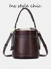 New Fashionable Classic Multifunction Solid Color Waterproof PU Women's Handbag, With Drawstring Design, Contrast Color Bucket/Crossbody Bag. Women's Wallet, Suitable For Shopping, Work, Travel - Burgundy - View 4