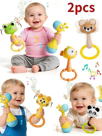 2pcs Baby Rattle Toys - Cute & Interesting Animal Shapes, Made Of Durable ABS Material, Soothing Toys For Infants To Develop Grasping Ability And Emotional Comfort, Promote Visual And Auditory Development, Suitable For Boys And Girls, Birthday And Holiday Gifts, Ideal Toy Choice