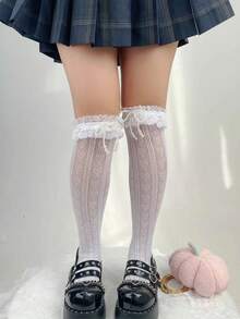 1双女士春夏薄款蕾丝边珍珠蝴蝶结过膝袜，可爱洛丽塔大腿袜 - 白色 - 查看 2