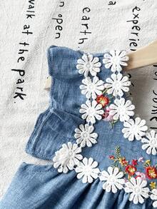 Young Girl Casual Cute Embroidered Pocket Dress - Blue - View 3