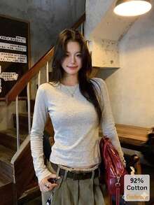 Women's Long Sleeve T-Shirt, Versatile Autumn/Winter Gray Floral Top, Slimming Solid Color Inner Layer Base Shirt Casual - Gray - View 3