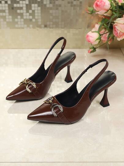 1 Pair Brown Classic Soft Faux Leather Chunky Heel Sandals For Teenage Girls, Gold Metal Buckle Decor, Slip-On Design, Elegant High Heel Sandals Suitable For Casual, Party, Commute, In Spring/Summer