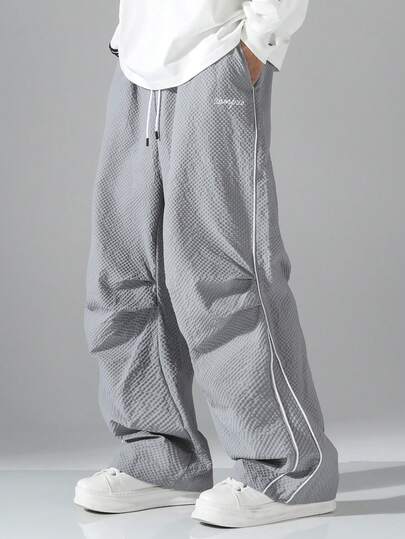 Men's Casual Pants, Solid Color Bubble Fabric Elastic Waist Loose Straight Leg Trousers, Suitable For Spring, Autumn And Summer Casual/Sports Wear