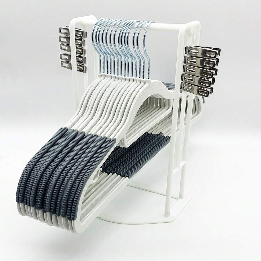 Organizador de Cabides (Pacote com 1) - Suporte Empilhável que Economiza Espaço para Cabides de Veludo e Plástico com Prendedores | Perfeito para Lavanderia e Organização de Roupas | Suporte Multiuso para Cabides e Prendedores - Ver 1
