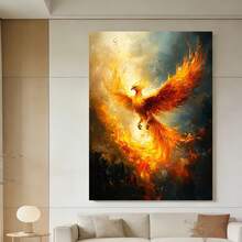 Framed 1 pieza, [2D Plano] con Marco,  Vívido Fénix Ascendente Arte de Pared en Lienzo Pintura Abstracta de Ave de Fuego, Decoración de Criatura Mítica, Obra de Arte de Llamas Ardientes para Espacios Audaces, 2D Plano - Enmarcado - Ver 2