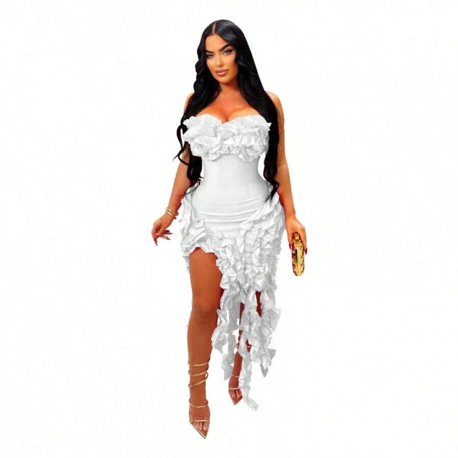 1PC Women's Ruffled Dress Sexy Strapless Gown With Ruffles For Summer - Vitt - Visa 1