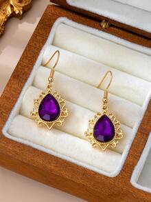 1对新款金色彩色心形水滴铃铛独特耳环,女士款 - 紫色 - 查看 2