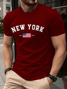 Men's Letter & American Flag Graphic Casual Crew Neck Short Sleeve T-Shirt, Versatile For Summer, Hot Street Style Personalized Choice, Perfect Holiday Gift For Easter, Men's Printed T-Shirt. - 酒紅色 - 查看 1